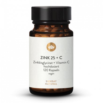 Zink 25mg Hochdosiert Zinkbisglycinat + Vitamin C Natürlich